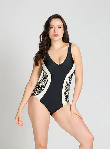 DEIDAD jednodílné plavky bez kostic černé - bílý vzor