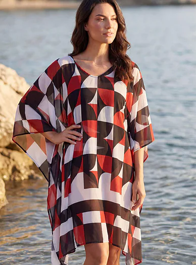 Deidad dámský plážový kaftan červený - Černo-bílo-oranžová